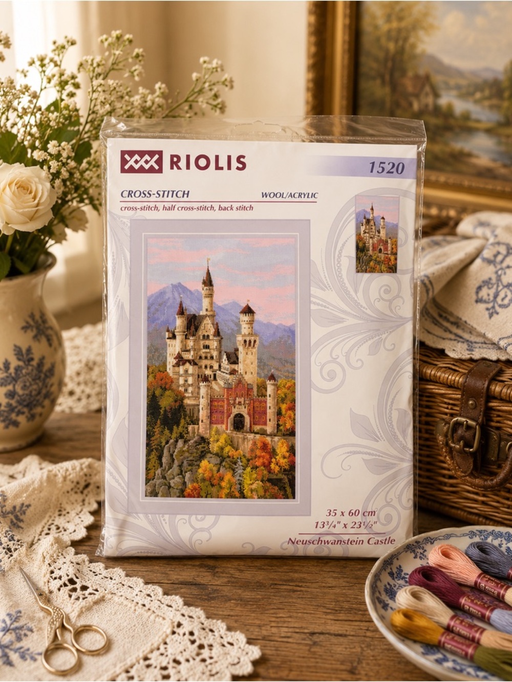 RIOLIS 1520 Neuschwanstein Castle Cross Stitch Kit Zweigart 13.75x23.5 NEW